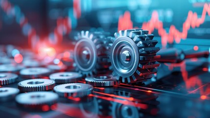 Obraz premium Close-up of metal gears on a high-tech digital background with red and blue lighting, symbolizing industry, engineering, and machinery technology.