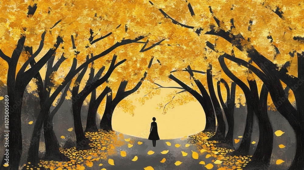Poster enchanted autumn pathway lined with golden trees and colorful leaves, inviting solitude and reflecti