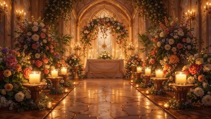 Obraz premium A stunning floral arrangement creates a magical ambiance in a beautifully lit ceremony space adorned with candles and lush greenery, perfect for a romantic celebration