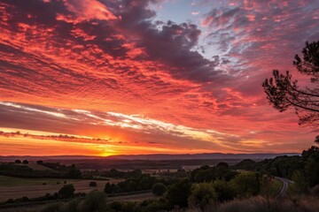 Obraz premium A fiery sunset paints the sky with vibrant hues, casting long shadows over a tranquil landscape, as the sun dips below the horizon, illuminating the distant hills with a warm glow.