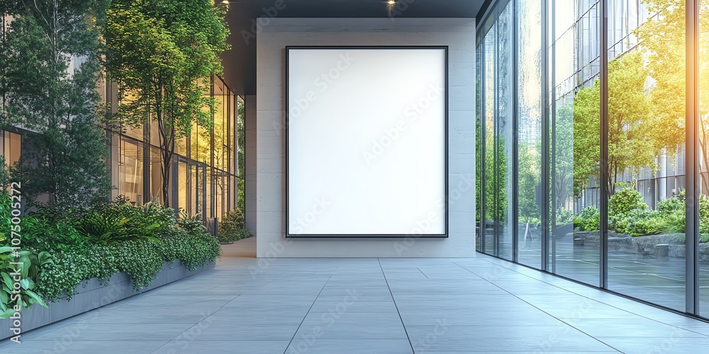 Poster a modern building hallway with a large blank billboard, surrounded by large windows and lush greener