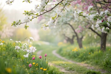 A winding path through a blossoming orchard with soft sunlight illuminating the white and pink petals of the trees, creating a serene and idyllic landscape.