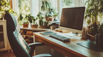 Fototapeta premium Home Office with Plants and a Large Monitor