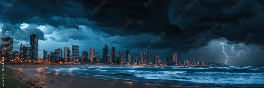 Poster dark clouds gather ominously over the coastal city as thunder rumbles and lightning strikes, creatin