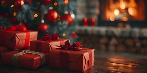 gift under a Christmas tree against the background of the fireplace