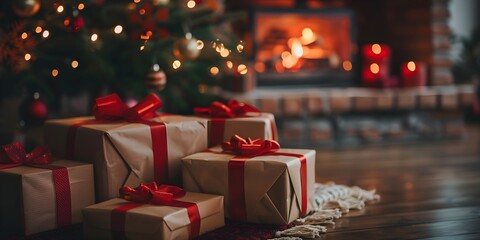 gift under a Christmas tree against the background of the fireplace