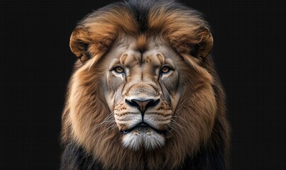 Fototapeta premium Majestic lion portrait with intense gaze, detailed mane, dark background