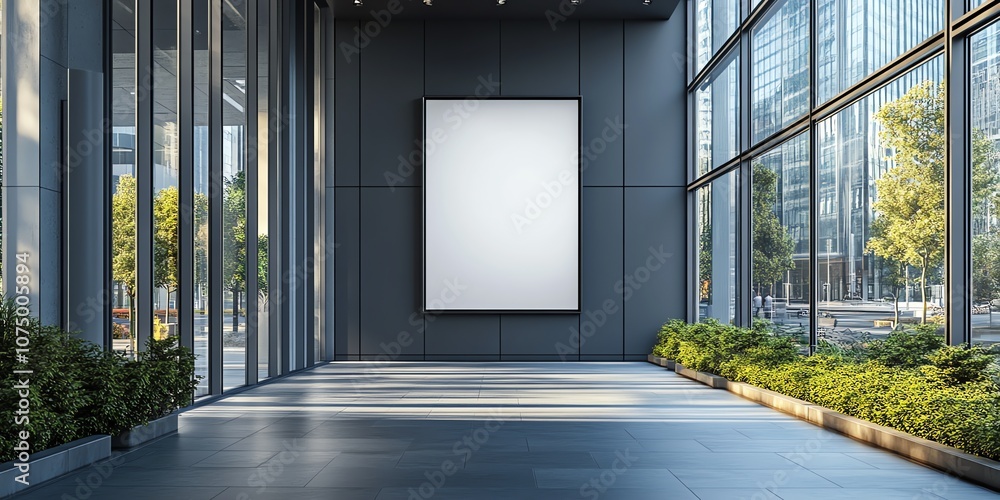 Poster a large blank billboard hangs in the lobby of a modern office building.