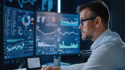 Obraz premium A focused financial trader studies stock market charts and data on multiple monitors, representing finance, analysis, trading, and investment strategies.