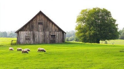 Obraz premium Peaceful farm background with green pastures, grazing sheep, and a rustic wooden barn, isolated on white