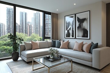 A detailed 3D rendering of a modern minimalist living room interior. Features a comfortable gray sofa with decorative cushions in muted pastel colors like blush pink and soft teal.