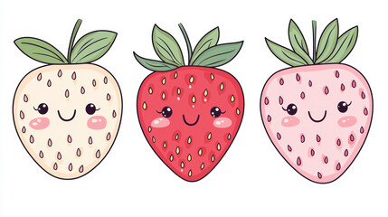 Cute kawaii strawberries cartoon with smiling faces in different colors. Adorable, happy fruit characters perfect for kids illustrations and designs.