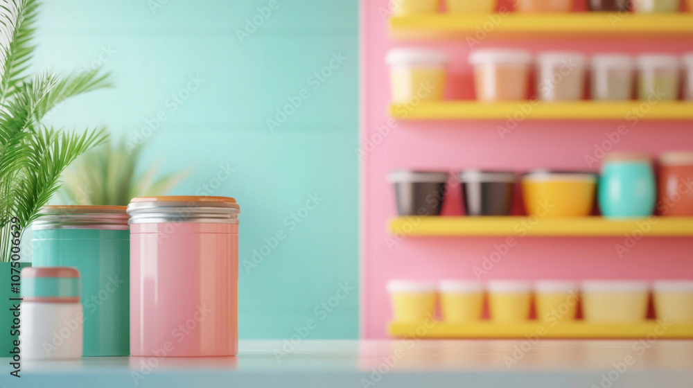 Poster plastic-free grocery store with minimalist bulk bins and reusable containers in 3d