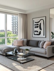 A detailed 3D rendering of a modern minimalist living room interior. Features a comfortable gray sofa with decorative cushions in muted pastel colors like blush pink and soft teal.