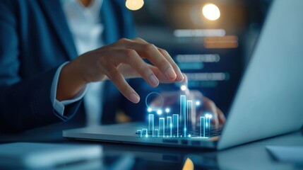 A business professional in a suit engages with a digital bar chart projection on a laptop, symbolizing data analysis, technology, and innovation.