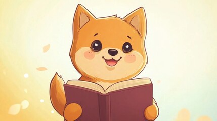 Cute cartoon dog with a joyful expression reading a book, surrounded by soft pastel colors and falling leaves, evoking feelings of warmth and happiness in a cozy environment.