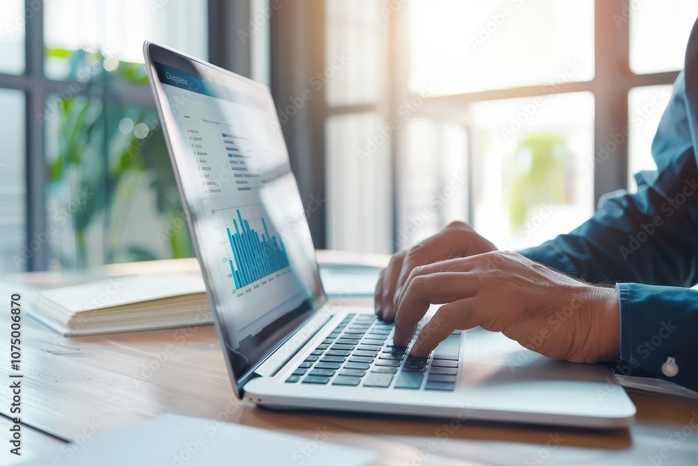 Poster close-up of a business professional typing on a laptop displaying a data analysis chart, set in a br