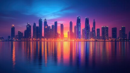 Fototapeta premium breathtaking cityscape illuminated at night, showcasing a vibrant display of lights reflecting off glass skyscrapers, creating a mesmerizing atmosphere perfect for an hd 8k wallpaper