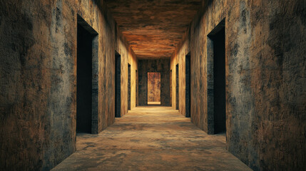 Obraz premium Endless Hallway with Multiple Doors Leading to Various Directions, Evoking Mystery and Exploration in a Dimly Lit Environment