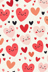 Seamless pattern of cute smiling hearts of various sizes and colors on a white background. Perfect for Valentine's Day, greeting cards, and romantic designs.