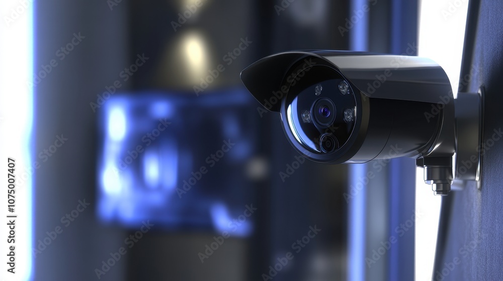 Poster high-resolution close-up of a modern security camera mounted on a wall with soft background focus, i