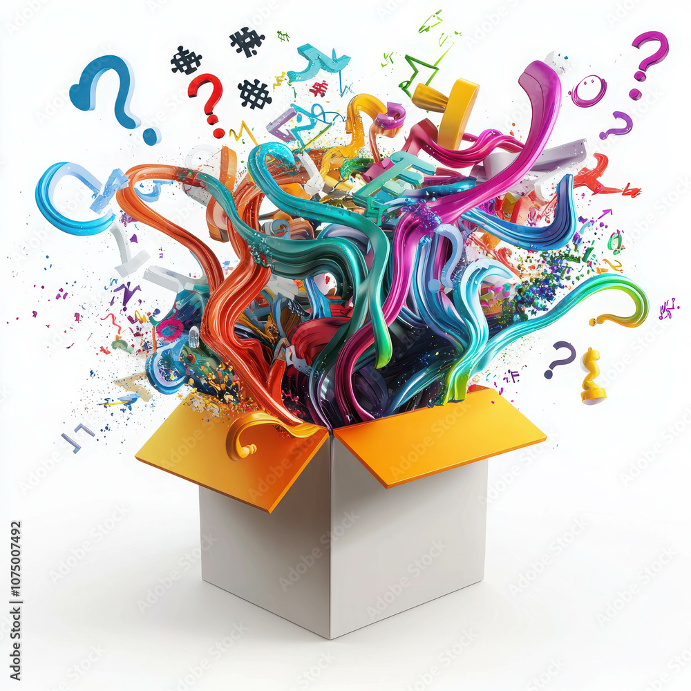 Poster an imaginative 3d design showcasing a box emitting vibrant colors and creative elements in an explos
