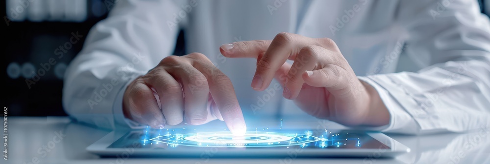 Poster hands using a futuristic holographic interface on a tablet, showcasing advanced touchscreen technolo