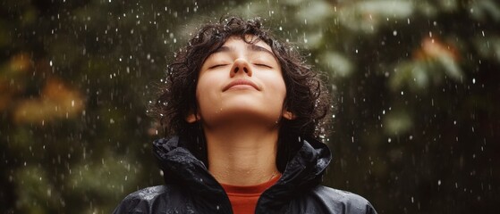 A serene person enjoys the refreshing rain, eyes closed and head tilted back, embodying tranquility in nature.