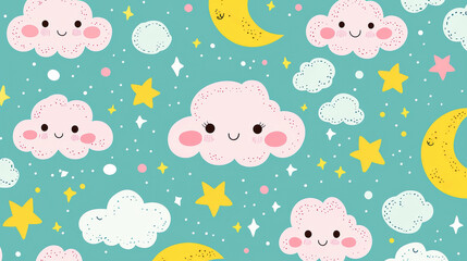 Cute seamless pattern with smiling clouds, stars, and moons on a teal background, perfect for children's designs, wallpapers, and textiles.