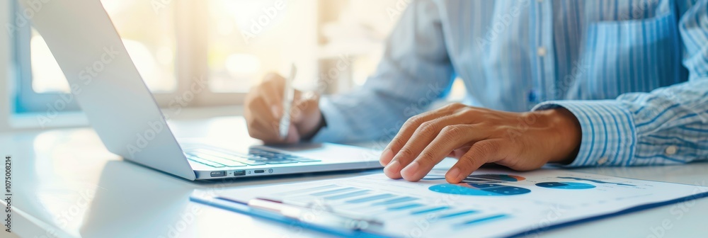 Poster hands of a business professional analyzing financial charts on a laptop and reviewing printed report