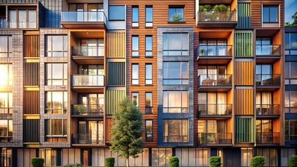 Modern apartment building with large glass balconies and greenery in urban setting