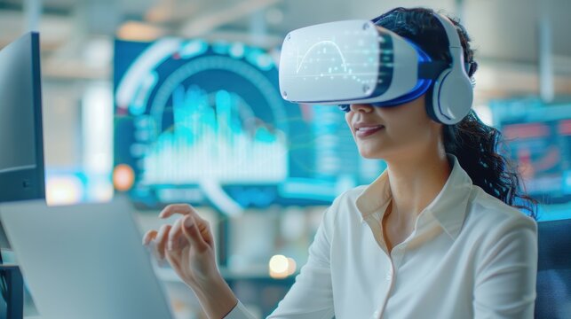 Businesswoman wearing a VR headset engaged in data visualization and analysis, exploring financial and statistical information in a tech-driven office.