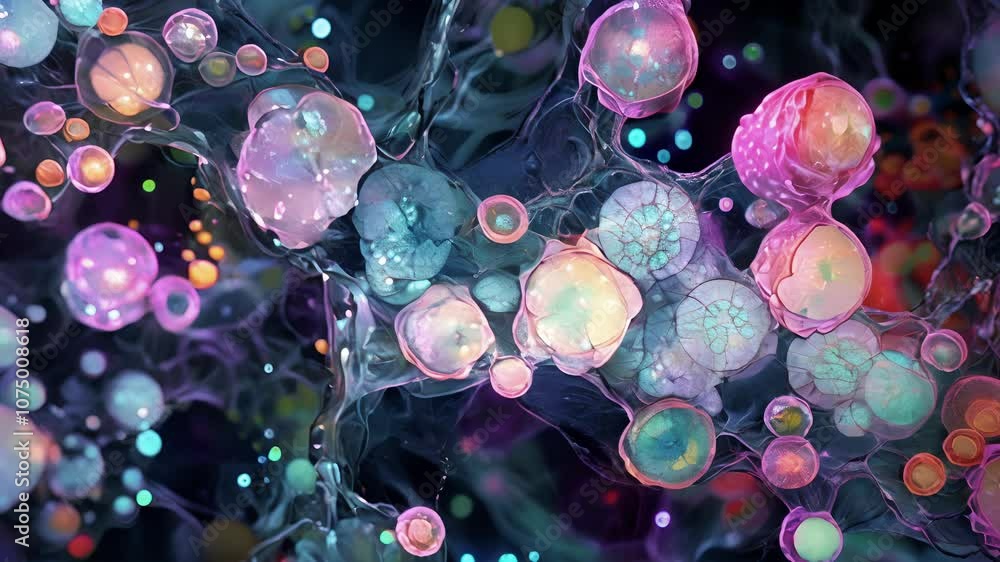 Poster a brightly colored confocal microscope image showing synovial cells with their distinct round nuclei