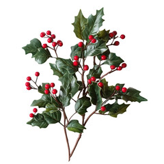 Holly Sprig with Red Berries: A classic festive decoration for the holiday season. The sprig is adorned with lush green leaves and bright red berries, adding a touch of cheer to any setting. 