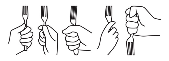 icon collection, hand holding a fork, black and white line art, outline thickness can be changed