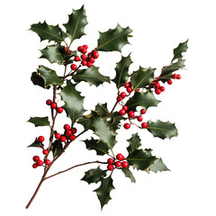 Holly Sprig with Red Berries: A classic festive decoration for the holiday season. The sprig is adorned with lush green leaves and bright red berries, adding a touch of cheer to any setting. 