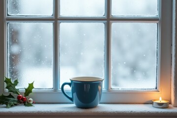 Cozy winter morning scene with coffee mug by frosty window and candle with copy space