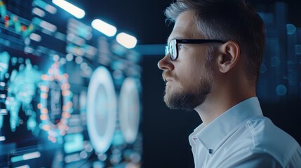 Focused analyst wearing glasses, closely observing data visualizations on a digital screen in a high-tech workspace, analyzing complex information.