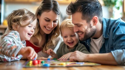 A happy family of four playing board games together, smiling and enjoying each other's company.