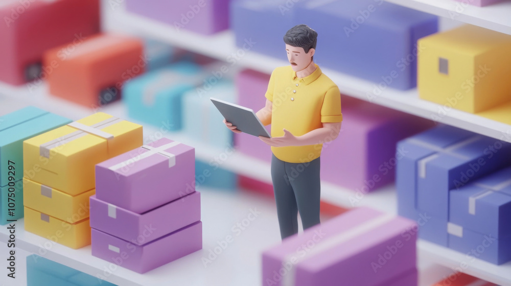 Poster employee monitoring inventory levels on digital tablet in minimalist 3d render