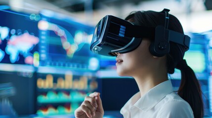 Businesswoman wearing a virtual reality headset, immersed in data analysis with financial charts displayed in the background, in a high-tech setting.