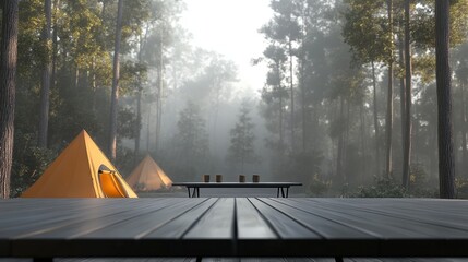 Tranquil Campsite Amidst Serene Forest with Misty Atmosphere and Yellow Camping Tents, Set on Wooden Deck Surrounded by Lush Greenery and Soft Morning Light