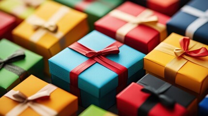 Colorful and Festively Wrapped Gift Boxes in Various Sizes Arranged Together, Perfect for Celebrations, Holidays, and Special Occasions with Bright Hues and Bows