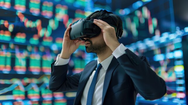 Businessman in a suit using a virtual reality headset, analyzing stock market data visualizations in a high-tech setting, symbolizing innovation in financial analysis. - Powered by Adobe