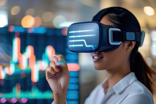 Female analyst wearing a VR headset, interacting with data visualizations and stock market analysis in a high-tech setting, focusing on financial insights. - Powered by Adobe