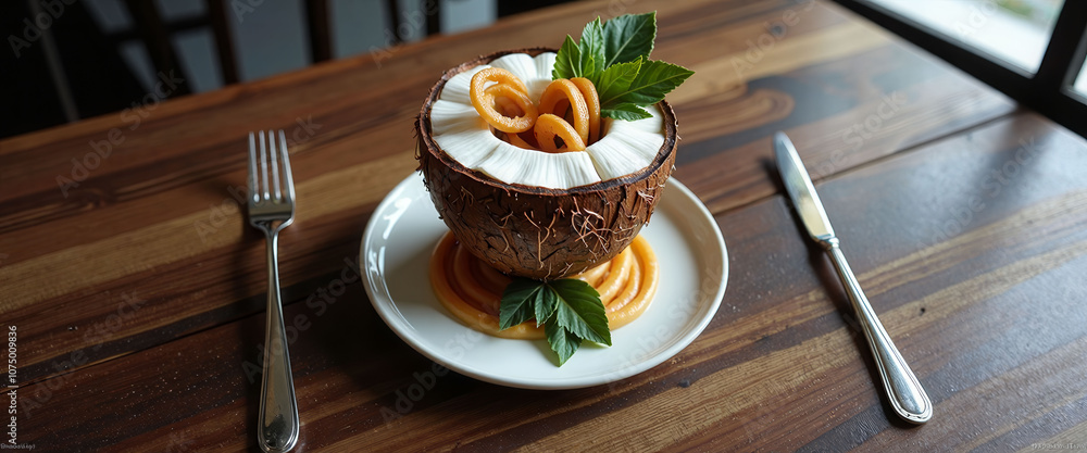 Aufkleber a plate of food with a coconut shell on top and a fork and knife on the table. scene is casual and i