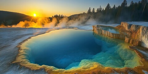 Naklejka premium A stunning view of a hot spring pool at sunrise, with steam rising from the water and vibrant colors in the landscape.