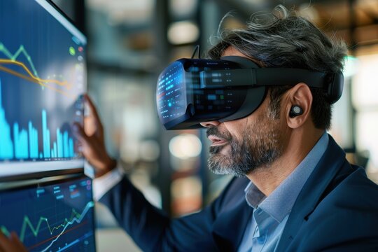 Bearded financial analyst wearing a VR headset examines market trends on multiple screens, exploring data visualization in a modern office.