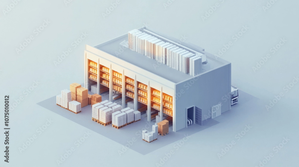 Aufkleber minimal 3d render of high-angle view of warehouse with labeled inventory sections ready for