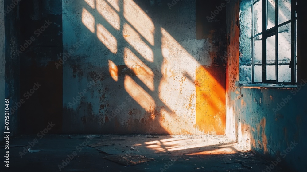 Poster abandoned room with artistic sunlight patterns and textured walls creating a play of light and shado